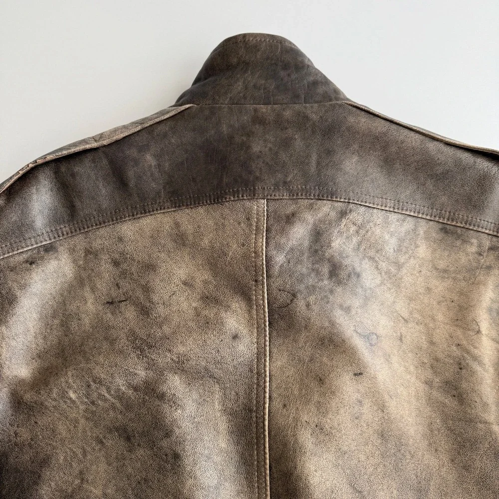 Maquette VTG Distressed Brown Leather‎ Sherpa Fleece Lined Bomber Jacket sz 44